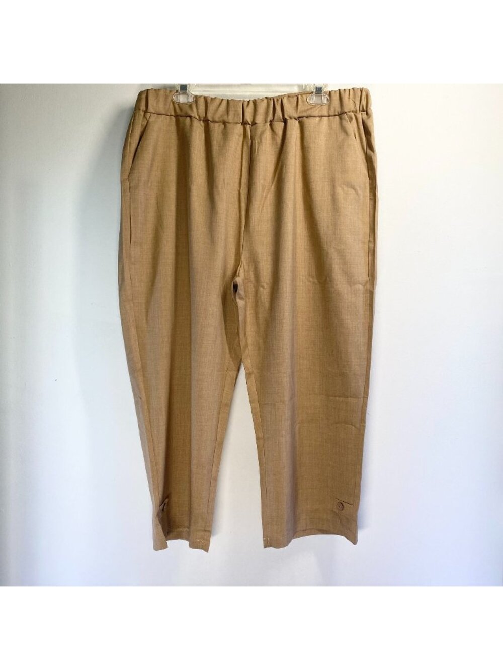Tan Elastic Waist Cropped Pants With Button Hem Details Lightweight & Breathable